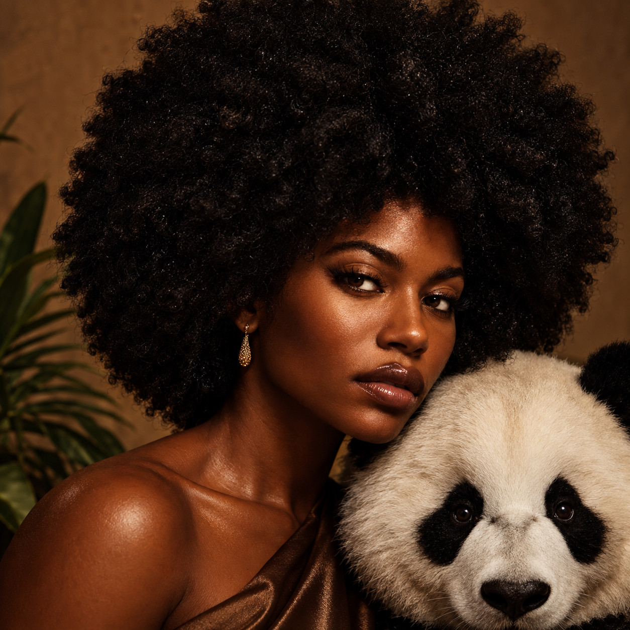 Woman with a natural afro holding a panda