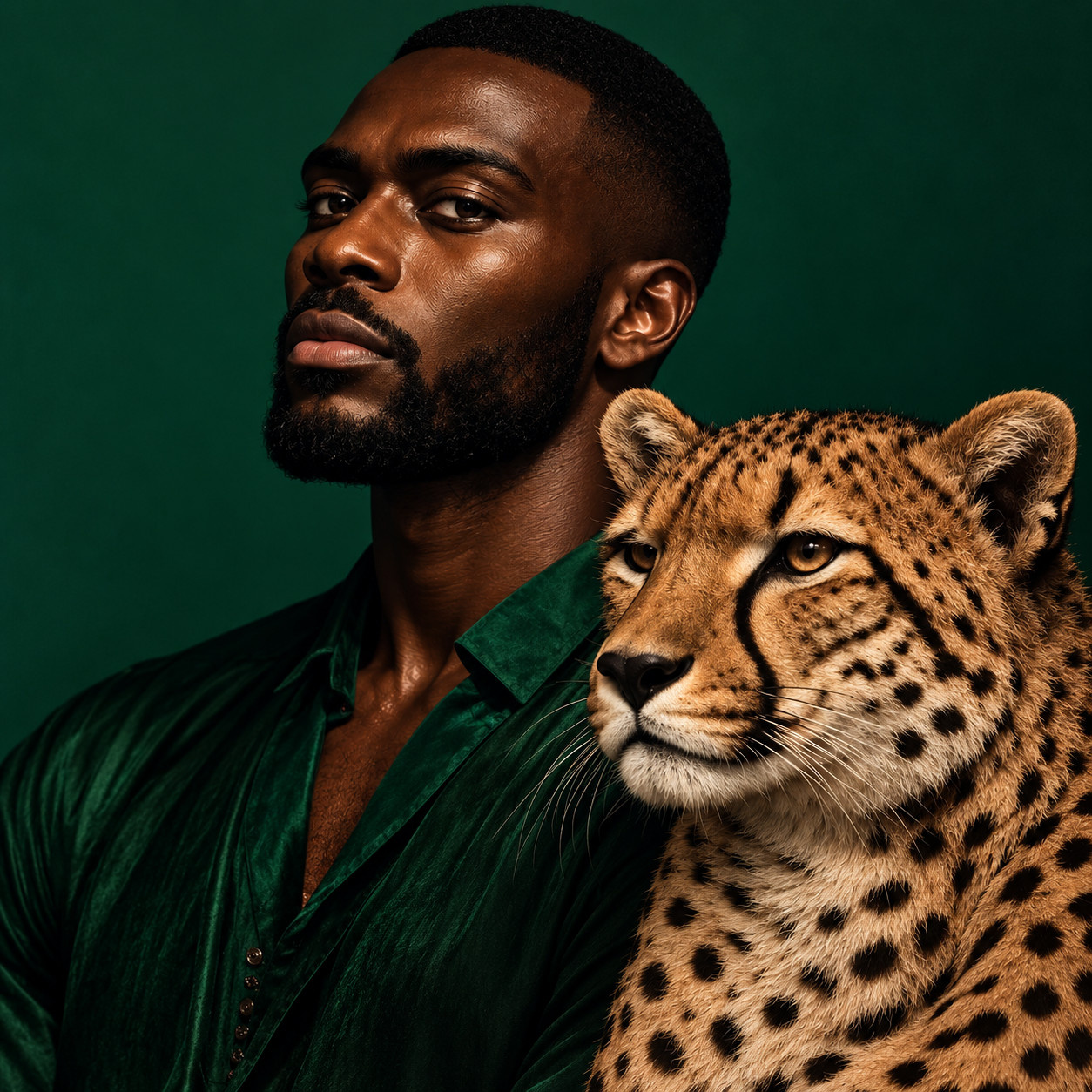 Man in a green shirt beside a cheetah