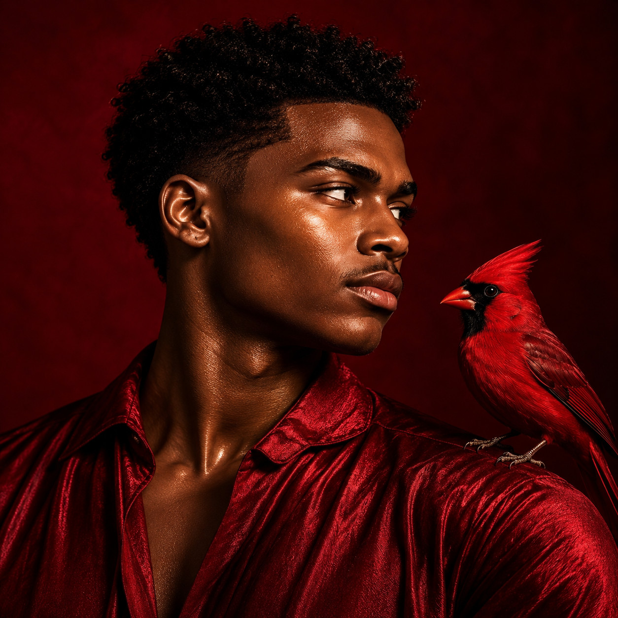 Man in a red shirt with a red cardinal on his shoulder