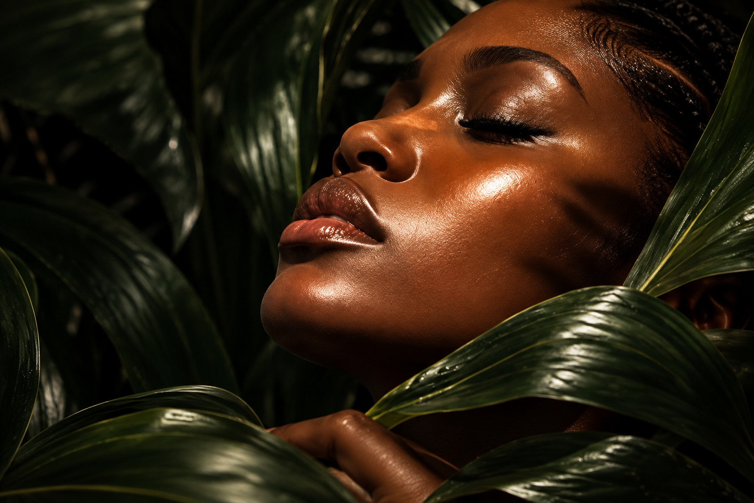 Woman with glowing deep brown skin resting among green leaves